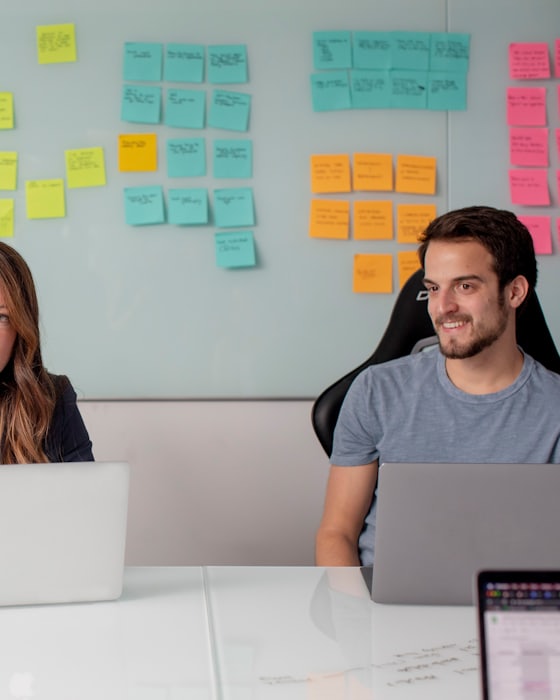 Two colleagues working at laptops in front of a wall covered in
          coloured sticky notes.